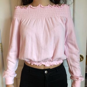 pink off the shoulder sweater ruffled long sleeves